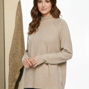 Women’s Oatmeal Beige Mock Neck Knit Sweater – Raglan Sleeve, Relaxed Fit, Ribbe